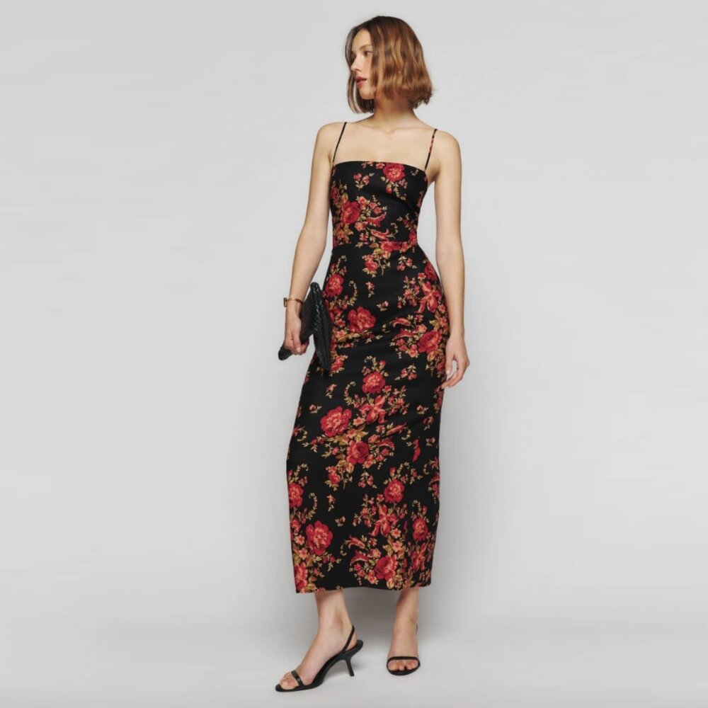 Reformation – Frankie Linen Dress in Admire Black Red Floral (WORN ONCE)